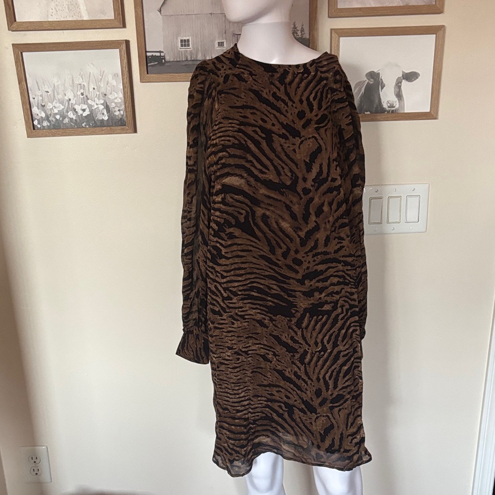 Ganni Georgette Black and Brown Tiger Patterned Dress
